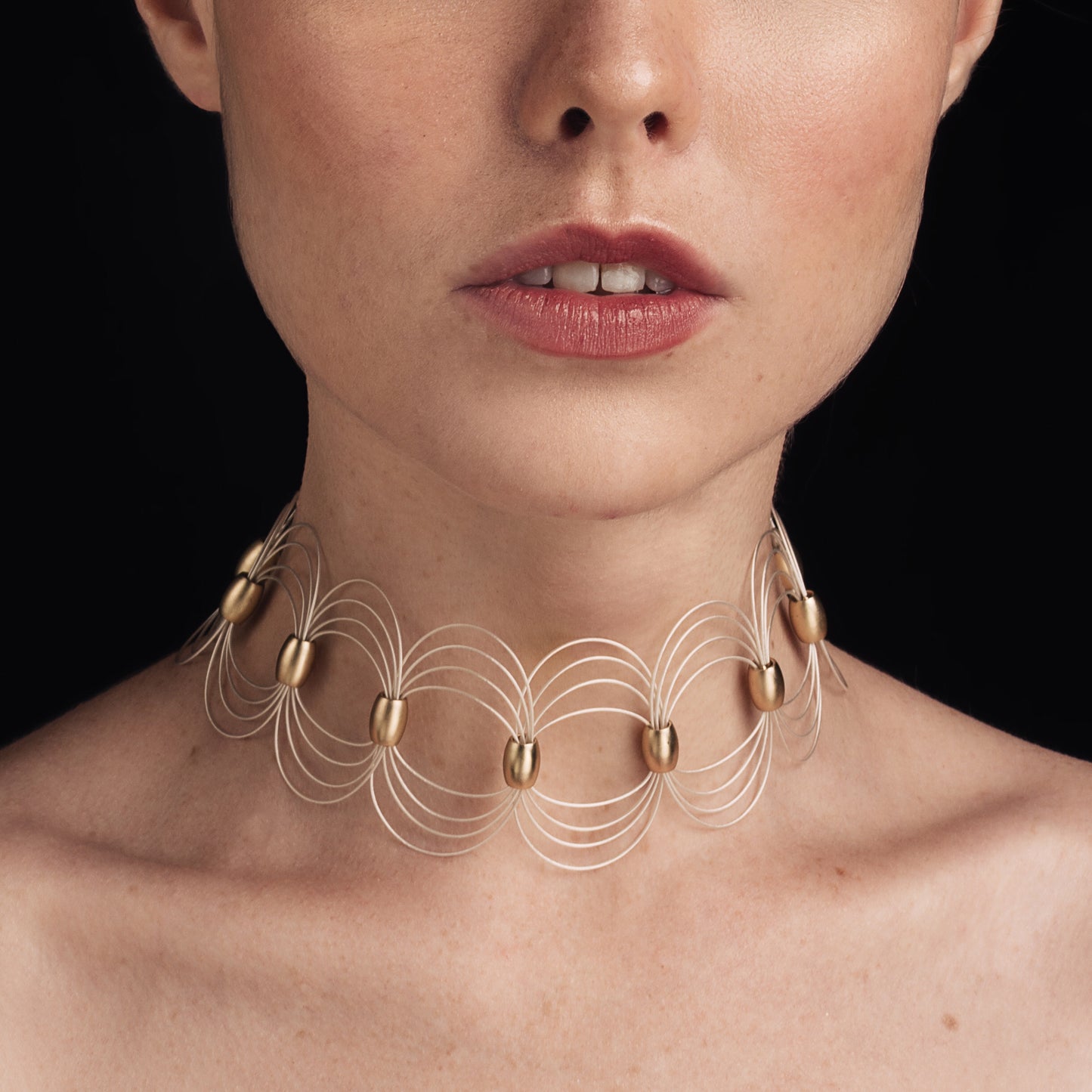 ONDA Choker Necklace Wire 925 Sterlling Silver Gold color acrylic Beads. Magnetic Clasp. Gold Filled pieces.