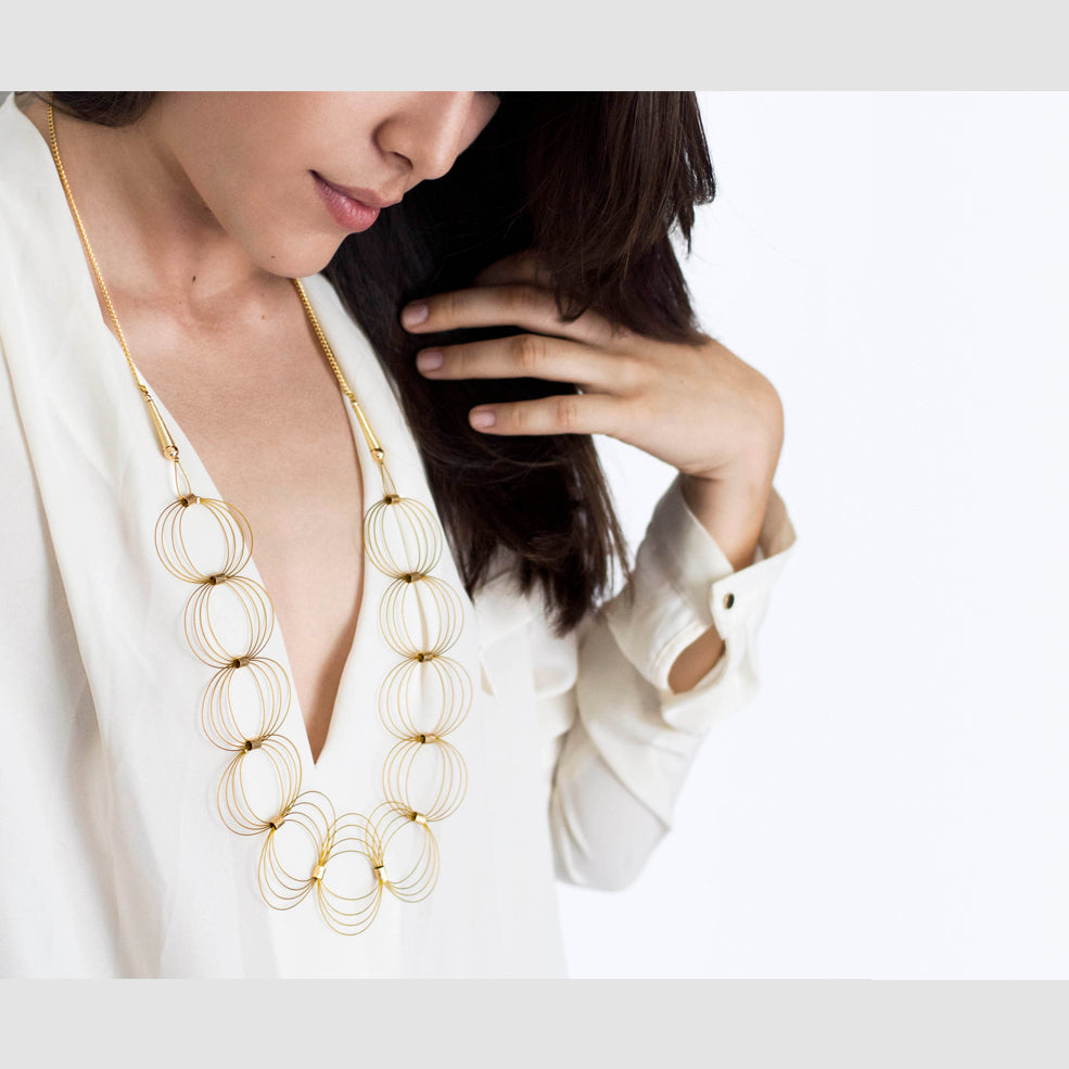 ONDA necklace long Gold Filled Chain. Wire Gold Color. Gold color acrylic Beads. Gold Filled pieces.