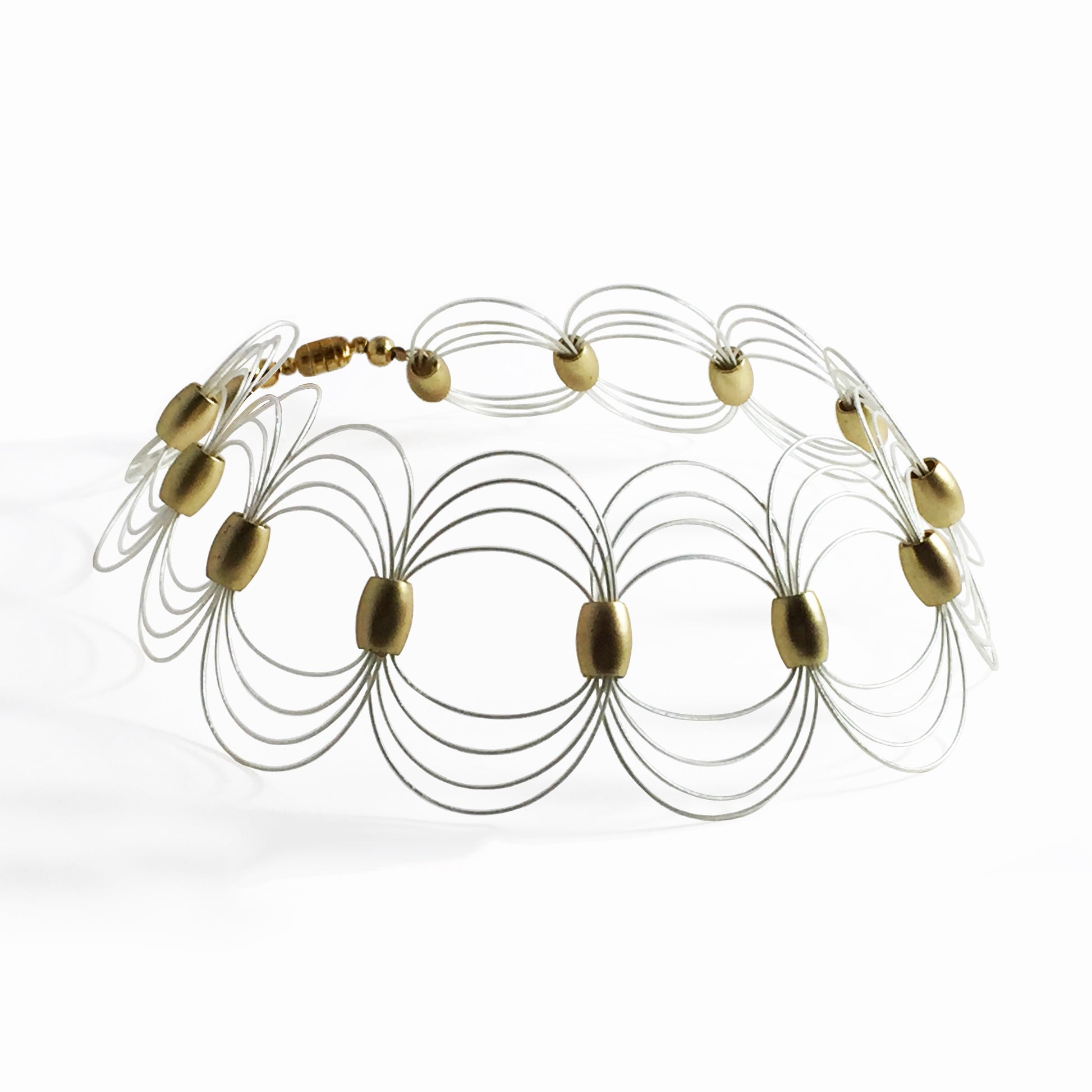 ONDA Choker Necklace  Wire 925 Sterlling Silver  Gold color acrylic Beads.  Magnetic Clasp.  Gold Filled pieces.